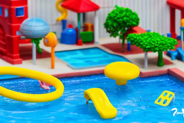 Prompt: fisher price public pool, california, in 2 0 1 5, 8 k, scene from tv show hyper detailed 5 5 mm 8 5 mm, toy photography, made out of plastic