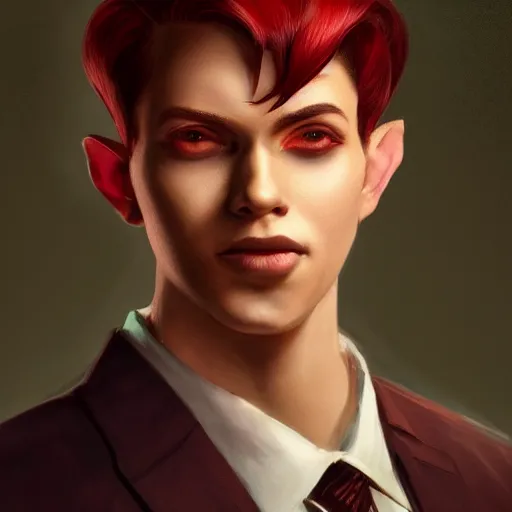 Image similar to portrait of a beautiful nonbinary actor with dark skin and messy short red hair wearing a men's suit, he has elf ears and gold eyes, by Gerald Brom and Ross Tran, dramatic lighting, 4K, trending on artstation