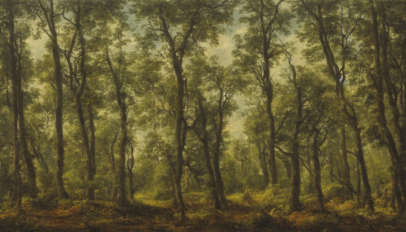Image similar to a clearing in a forest painted by John Shroades