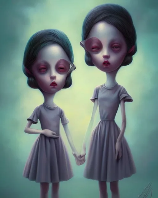 Prompt: Whimsically weird eerie portrait of twins by Mark Ryden and Cyril Rolando, pop surrealism, pastelwave, Hyperdetailed, stylized, cel shading, CGsociety, Artstation