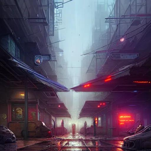 Prompt: professional concept art of a dreary diesel punk city street by artgerm and greg rutkowski. an intricate, elegant, highly detailed digital painting, concept art, smooth, sharp focus, illustration, in the style of simon stalenhag, wayne barlowe, and igor kieryluk.