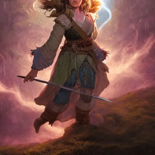 Image similar to full body portrait of a female halfling hobbit monk fistfighter warrior, communing with her goddess of mist and light, flowing robes and leather armor, detailed dynamic light painting by albrecht anker and peter mohrbacher