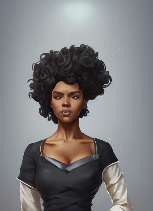 Image similar to detailed digital painting of beautiful black woman in corporate attire with natural hair, fanart behance trending on artstation, concept art, matte, sharp focus, illustration, super hero pose, hearthstone, art by artgerm and greg rutkowski and alphonse mucha