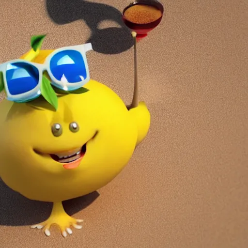 Image similar to a cgi happy smiling lemon character with a leaf on the top and two feet, holding an tropical drink, on the beach, as an octane render