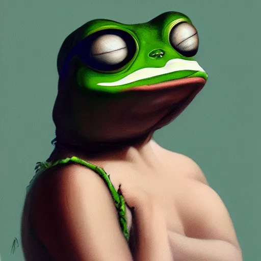 Prompt: portrait of the real life pepe the frog meme, expressive pose, futuristic, highly detailed, digital painting, artstation, concept art, smooth, sharp focus, dramatic light, studio light, by Artemisia Gentileschi