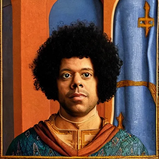 Image similar to portrait of Richard Ayoade as a medieval Byzantine exarch, by Angus McBride, Gentile Bellini, Piero della Francesca, and Annie Leibovitz. HD face portrait.