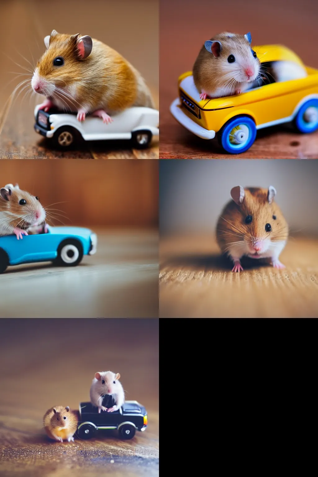 Prompt: hamster riding on top of a toy car on a wooden floor, dramatic cool, close up, dslr photo