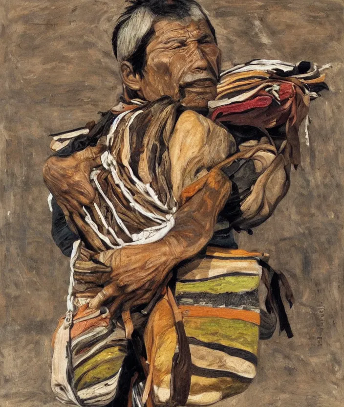 Image similar to indigenous man carrying a lot of bags, painted by lucian freud, hd, super detailed, realistic, muted colors