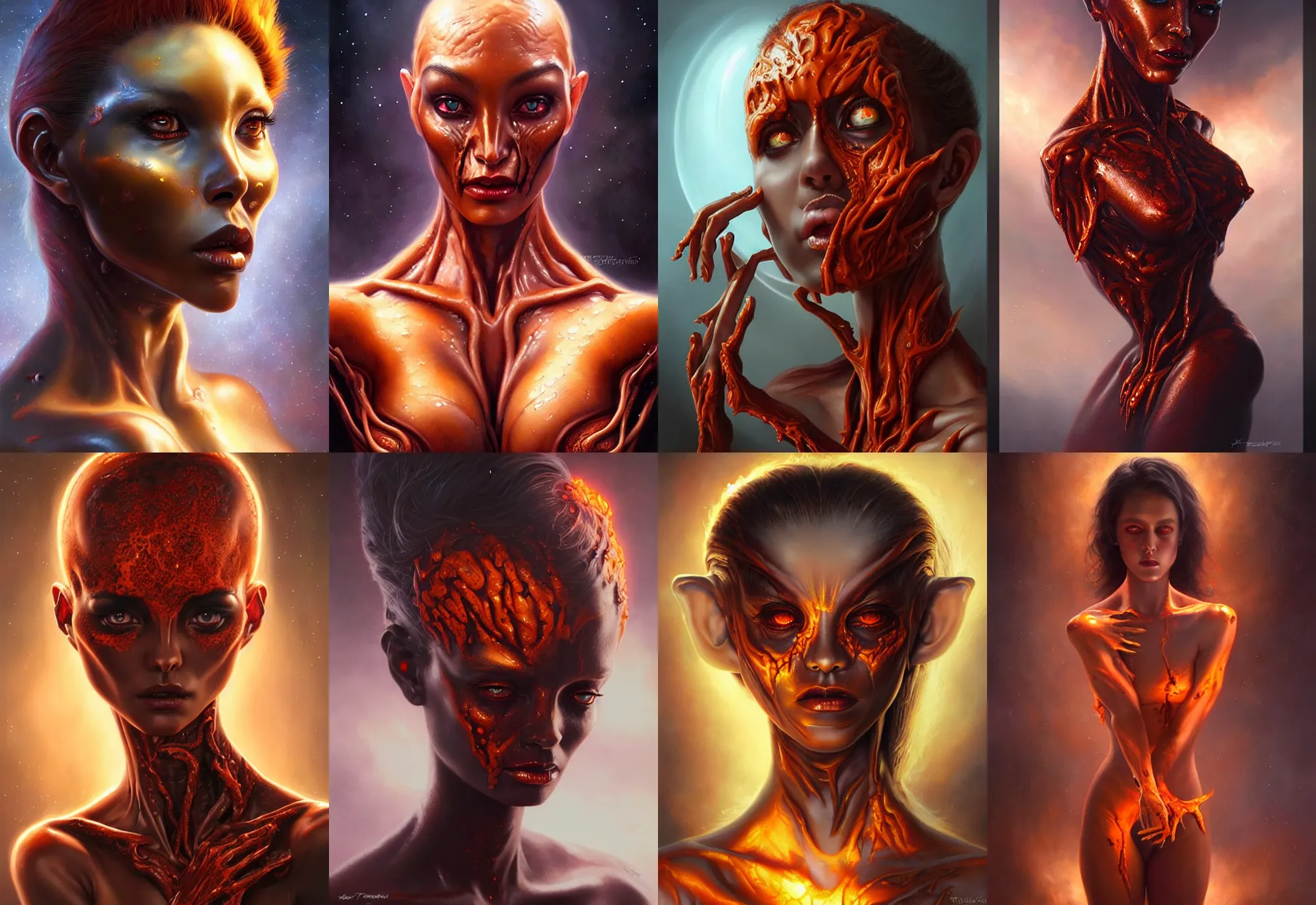 Prompt: a beautiful alien woman with molten skin, painted by artgerm and tom bagshaw, fantasy art, dramatic lighting, highly detailed oil painting