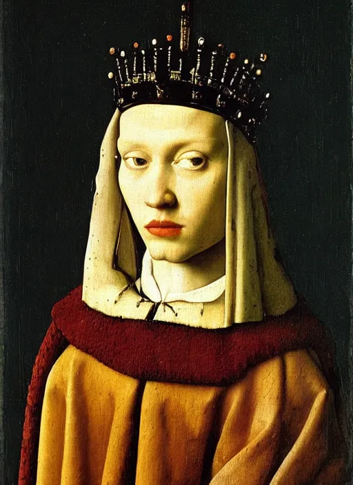 Image similar to portrait of a young king with a crown, medieval painting by Jan van Eyck, Johannes Vermeer, Florence