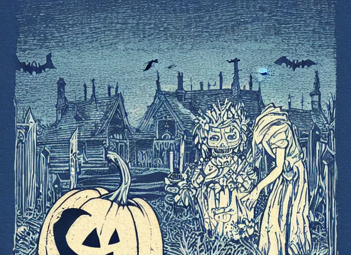 Image similar to blue woodcut print, cartoon halloween pumpkin in graveyard at midnight by greg rutkowski, fine details, highly detailed