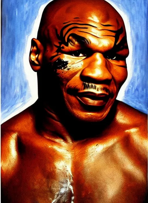 Image similar to oil portrait of mike tyson : : evocative of lurid, grisly, disgusting picture of dorian grey : : painted by chicago painter ivan albright in 1 9 4 5