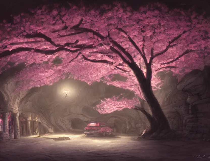 Prompt: cherry blossom limestone cavern night club. heavily stylized, oil painting by indie concept artist. backlighting, chiaroscuro, intricate details, field of depth.