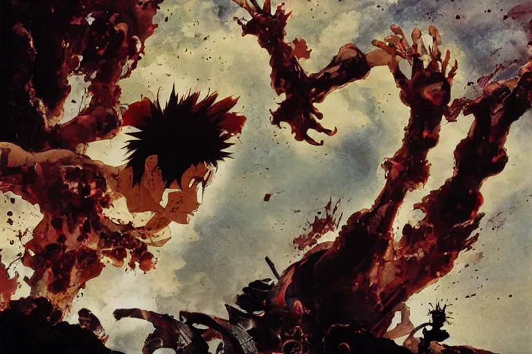 Image similar to scene from the anime, tetsuo\'s arm mutates at the olympic staduim, Katsuhiro Otomo, Phil hale, Ashley wood, Ilya repin, frank frazetta, 8k, hd, high resolution print