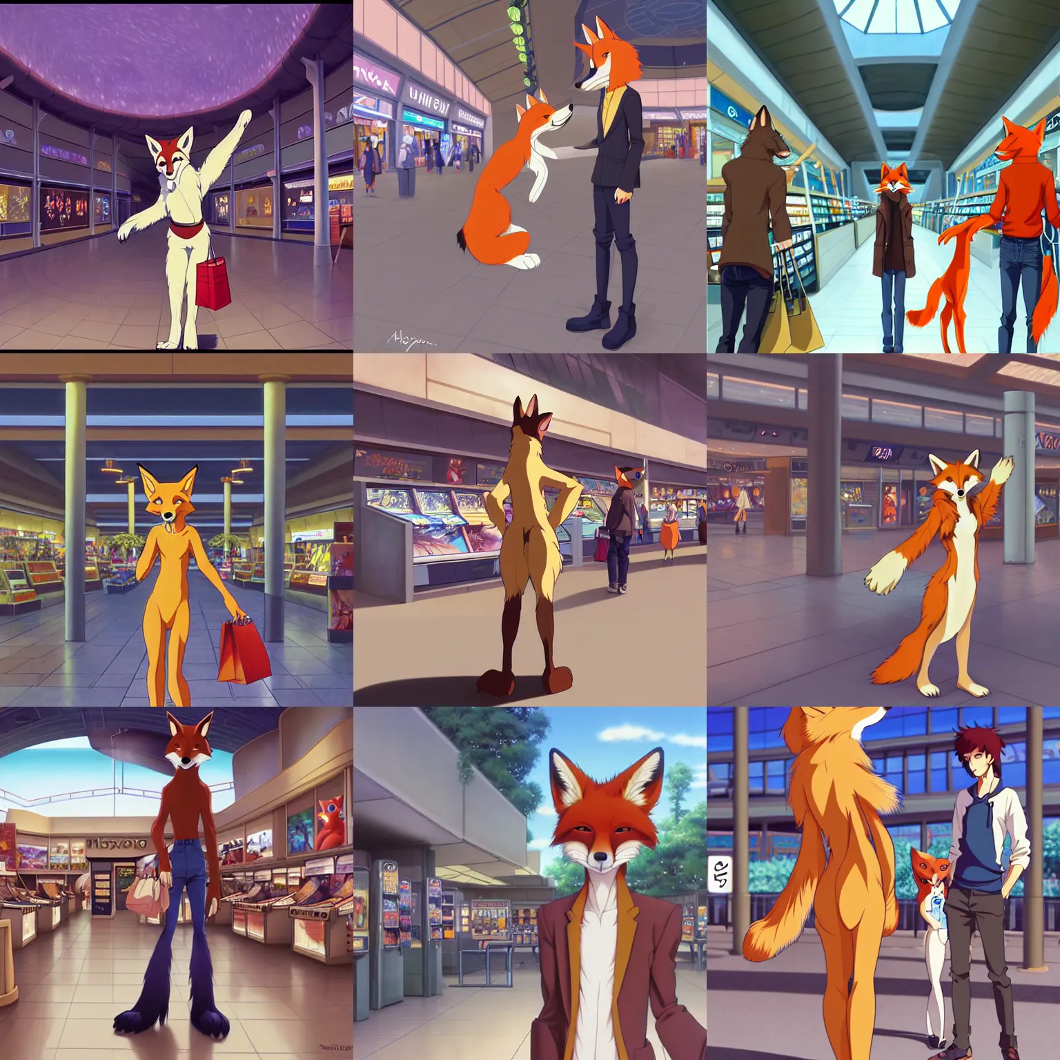 Prompt: anthro art commission of an anthropomorphic natural furry ( ( fox ) ) person shopping at a futuristic mall, photorealistic, key anime art, makoto shinkai, james gurney, don bluth, disney!!!!, hibbary, dark natasha, goldenwolf, furaffinity, fursona, greg rutkowski