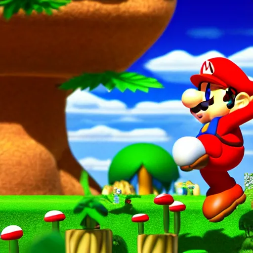 Image similar to Mario jumping off a white and red spotted mushroom, Mario brothers theme, mushroom kingdom in background, landscape, beautiful, colorful, cinematic composition, exotic plants, goombas,