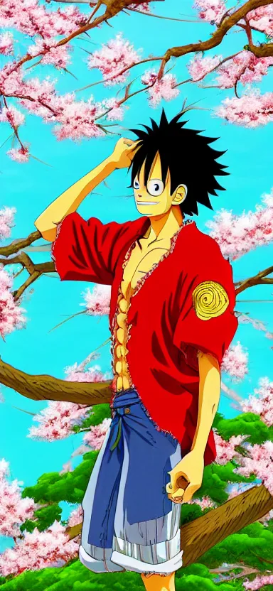 Image similar to “ a portrait of luffy at a sakura tree, side shot, by shunji dodo, 8 k resolution, photo, high quality ”