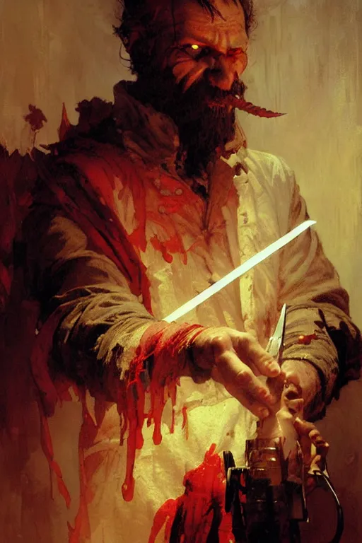 Prompt: crazy half demon middle aged man in a butchers apron holding a scalpel portrait dnd, painting by gaston bussiere, craig mullins, greg rutkowski, yoji shinkawa