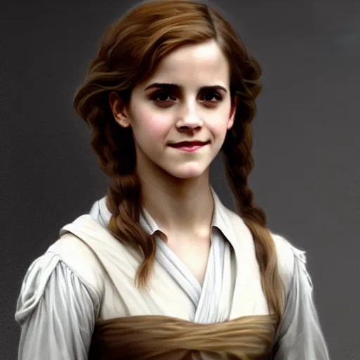 Image similar to Emma Watson as Hermione Granger. Happy. Cheerful. Smiling. Western. Closeup. Fantasy. Intricate Elegant. Highly detailed. Digital painting. Artstation. Concept art. Matte. Sharp focus. Illustration. 4K. Art by William-Adolphe Bouguereau.