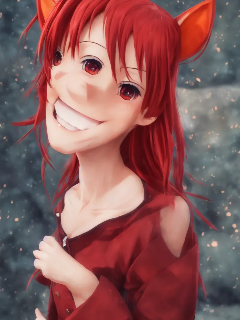 Image similar to photorealistic photograph of a beautiful anime smiling heroine with Red Hair and Fox Ears European decent wearing Soviet skirt and jacket, natural lighting,HDR, trending on artstation