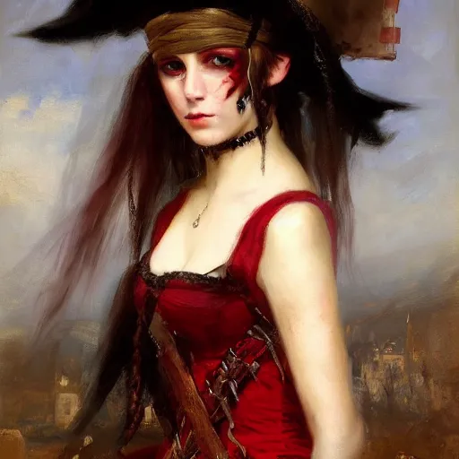 Image similar to Solomon Joseph Solomon and Richard Schmid and Jeremy Lipking victorian genre painting portrait painting of a young beautiful woman punk rock goth girl pirate wench in fantasy costume, red background