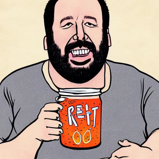 Image similar to Bert Kreischer fat eating Kool aid straight from the jar, photorealistic