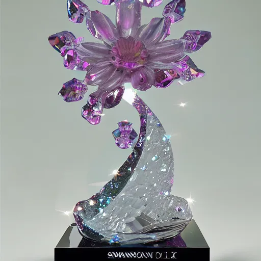 Prompt: swarovski solid crystal statue of cherry blossom petal, high octane render, photo realistic, 50mm, vibrant color, rainbow caustic lighting, product display