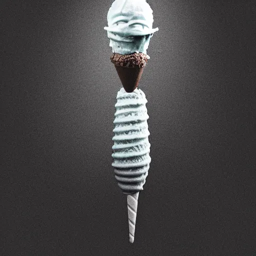 Image similar to a photograph of a grotesque, levitating, alien ice cream cone from beyond