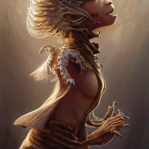 Image similar to portrait of the beautiful kira from the film dark crystal, d & d, fantasy, intricate, elegant, highly detailed, digital painting, artstation, concept art, smooth, sharp focus, illustration, art by artgerm and greg rutkowski and peter mohrbacher & greg rutkowski & alexandros pyromallis & nekro & rene maritte