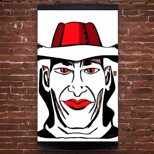 Prompt: Extremely pale human, flat preacher hat, unshaven, sly smile, Blood poster art