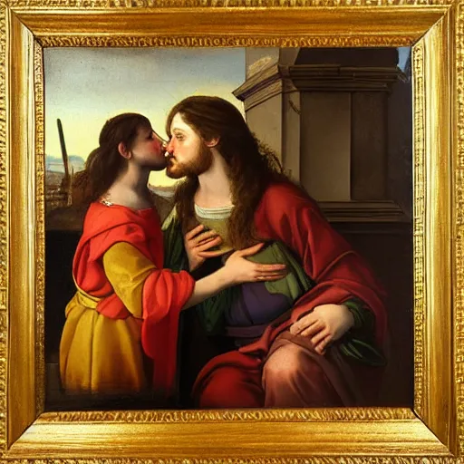 Image similar to 1 8 th oil panting of a jesus kissing with maria maddalena