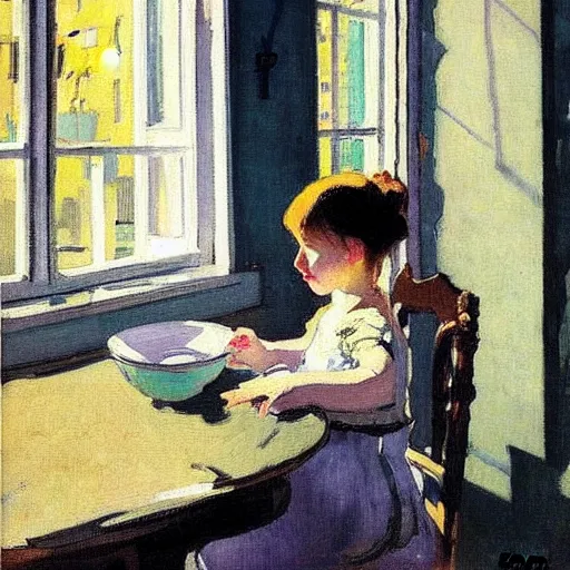 Image similar to a girl with iphones on a table sits at a table in a sunny room, the window is open, by valentin serov