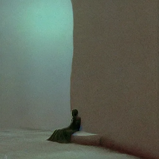 Image similar to movie still from her, painted by zdzislaw beksinski