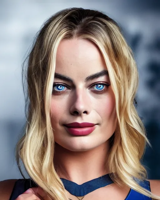 Image similar to A portrait of a margot robbie in a cosplay uniform, piercing eyes, highly detailed, bokeh, professional photograph, full body shot 4K, HD