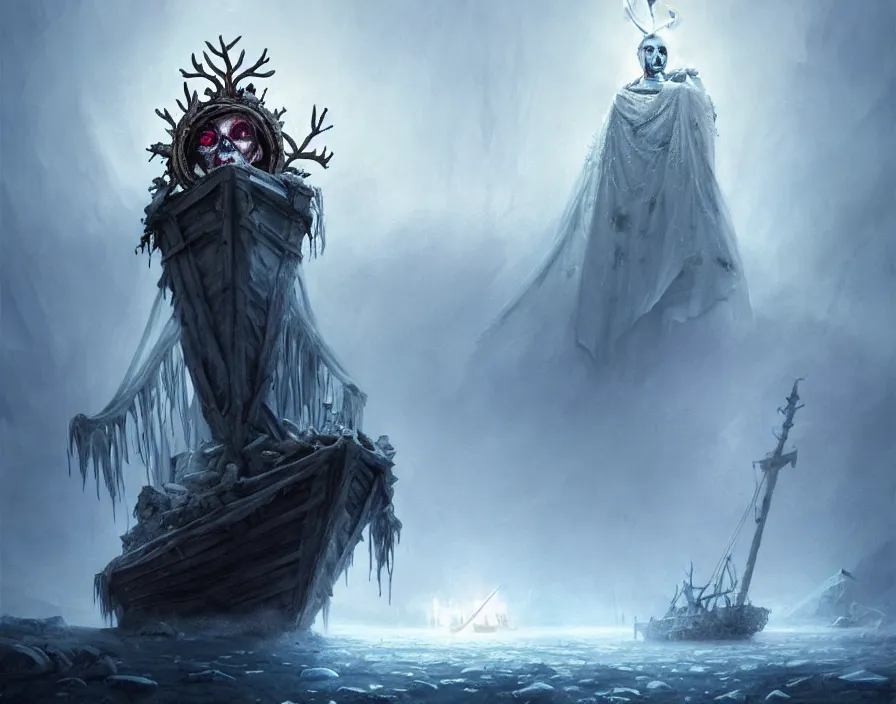 Image similar to frozen zombie man with a crown, eyes glows, broken sailing ship boat in the background, is at dawn and bluish, fantasy, intricate, elegant, highly detailed, digital painting, artstation, concept art, matte, sharp focus, illustration, art by aenaluck and roberto ferri and greg rutkowski, epic fantasy, digital painting