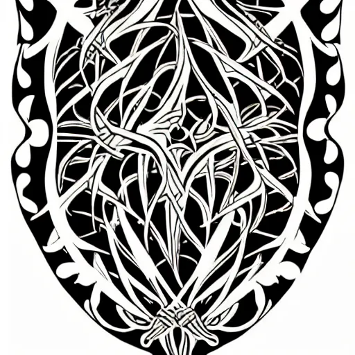 Image similar to a vector tattoo design in the style of victorian florid ornament, and in a spiky tribal style, and in the style of h. r. giger.