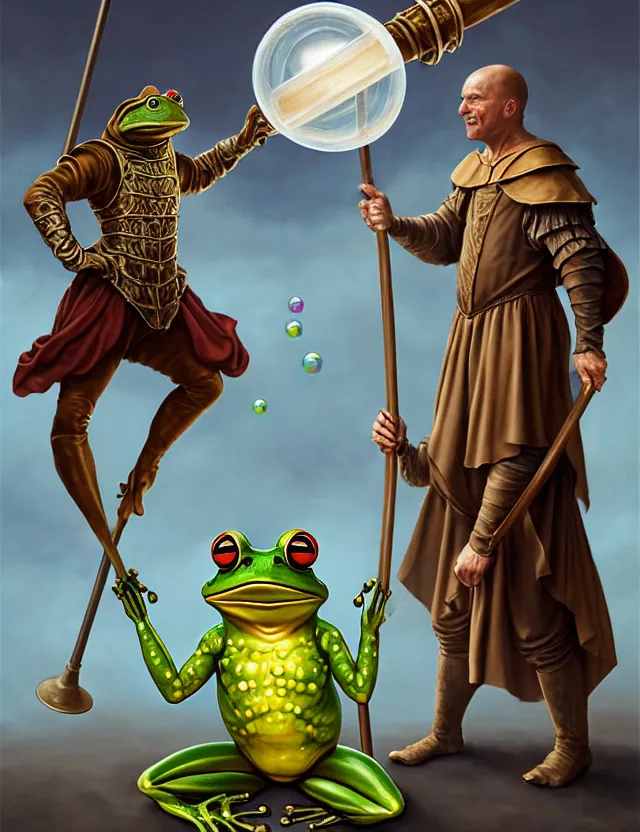 Image similar to anthropomorphic bipedal frog that is dressed as a renaissance fighter, and holding a giant flail on a chain, as a matte oil painting and d & d character art, by alex grey, standing, fullbody, floating bubbles, mystic, fog, fractals, spirals, concept art, award - winning, extremely detailed, sharp focus