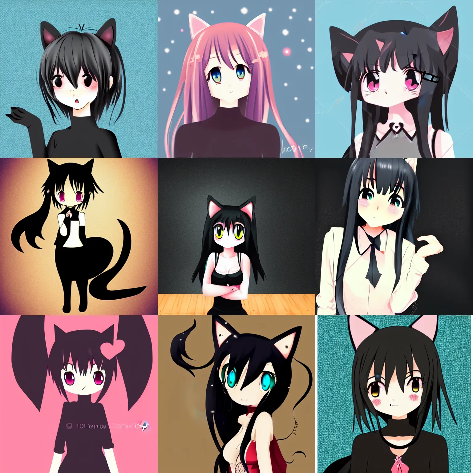 Prompt: cute, female, anime style, a salem black cat girl, beautiful lighting, sharp focus, simple background, creative