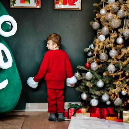 Image similar to a kid at christmas disappointed and sad that his present was a giant moai statue | inside of a house next to a christmas tree