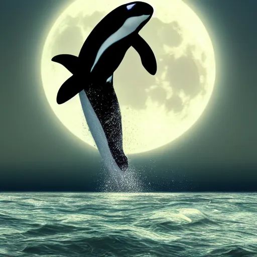 Prompt: orca killer whale jumping over the moon. space, stars, planets. Ocean life, marine life. Trending on artstation