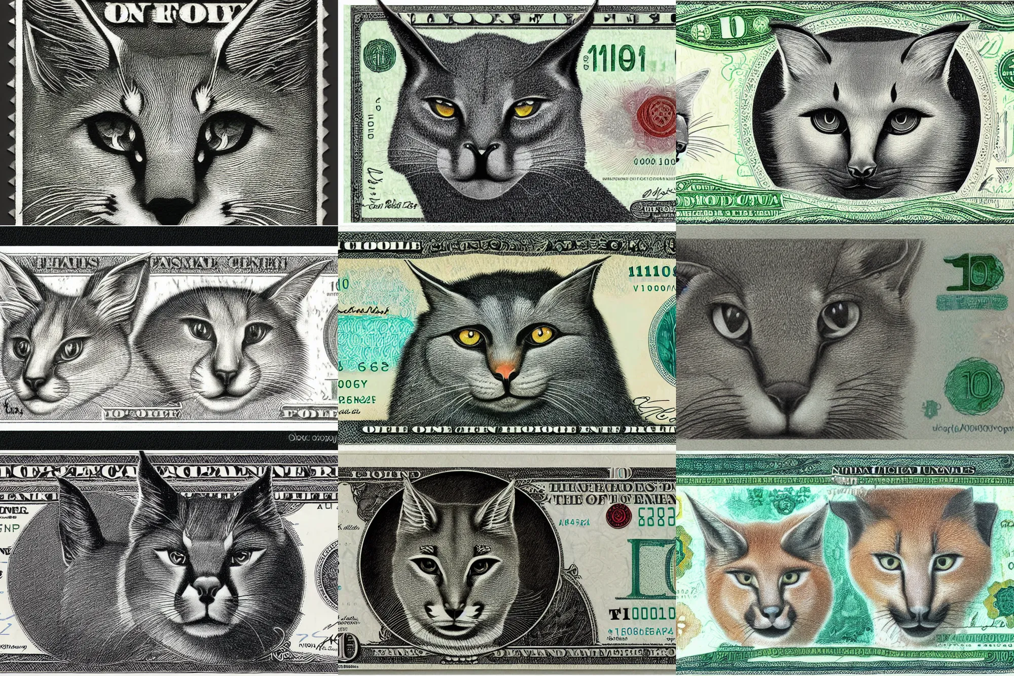 Image similar to cute caracal face at $100 bill, banknote, intaglio style, macro, realistic