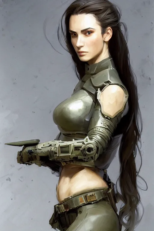 Image similar to a professionally painted portrait of an attractive young woman, clothed in military armor, olive skin, long dark hair, beautiful bone structure, symmetrical facial features, intricate, elegant, digital painting, trending on Artstation, concept art, smooth, sharp focus, illustration, from Metal Gear by Ruan Jia and Mandy Jurgens and Artgerm and William-Adolphe Bouguerea, award winning