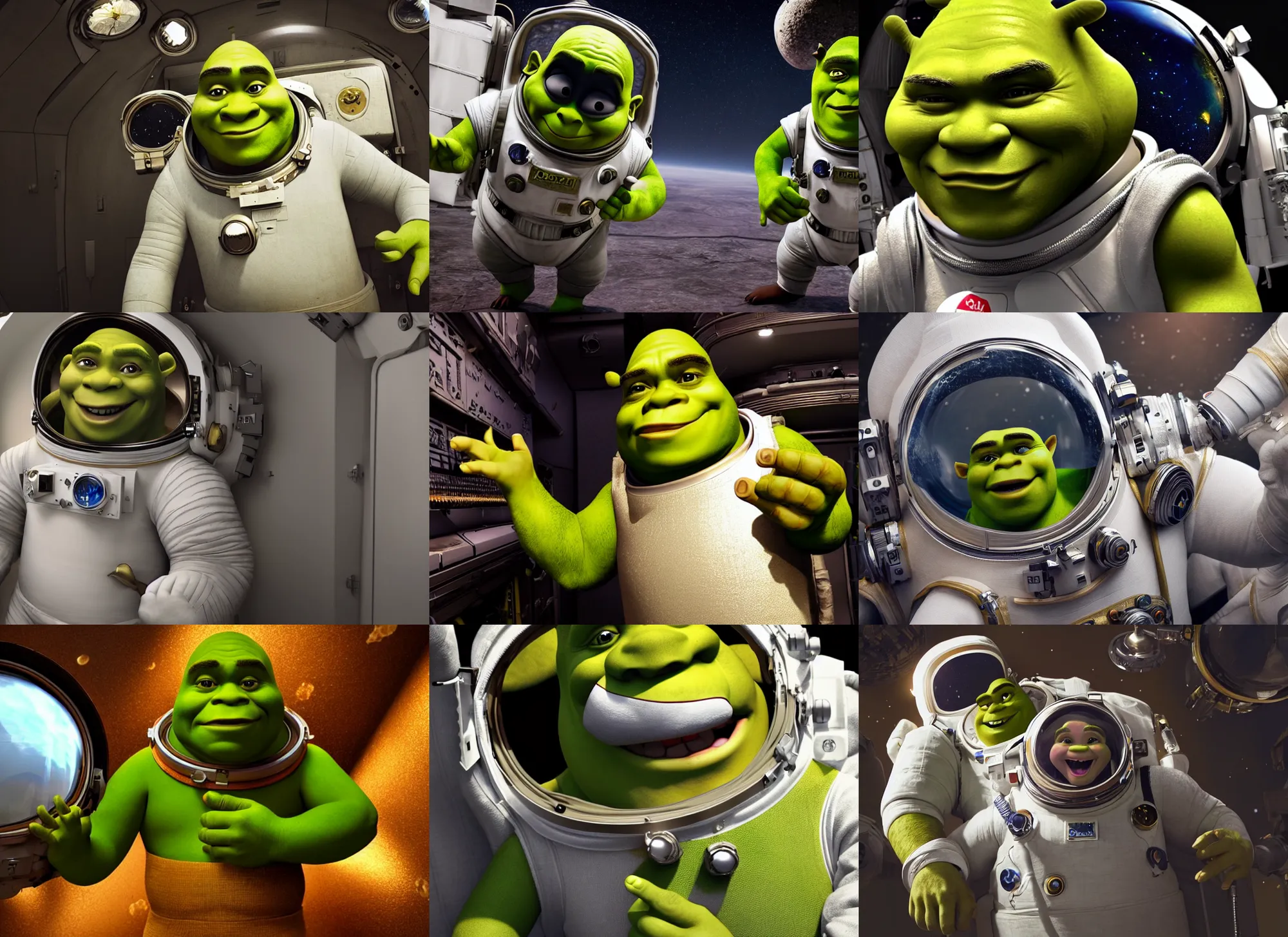 Prompt: shrek in astronaut suit with gold linens, in outer space, cinematic lighting, dramatic, octane render, long lens, 4k, hyper detailed