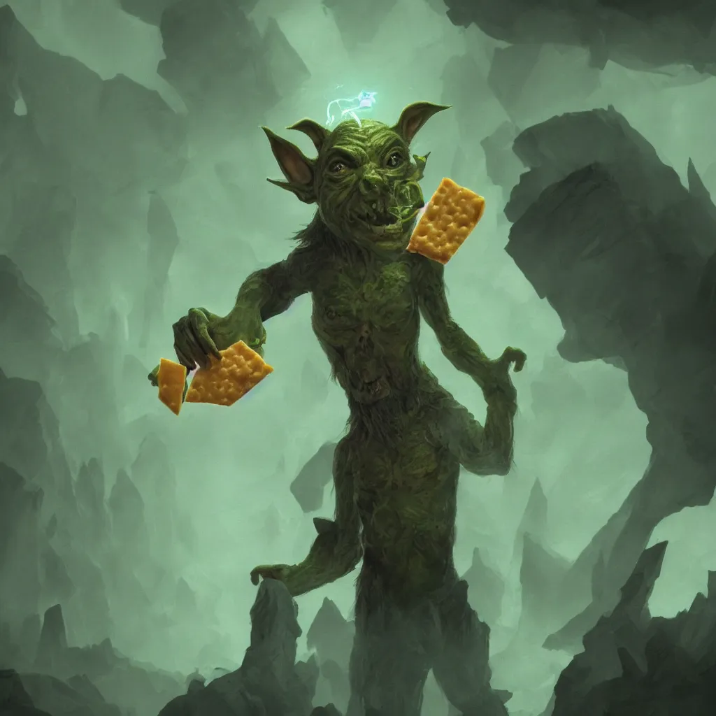 Image similar to Photorealistic fantasy portrait of one single D&D goblin holding a triangle of Swiss Cheese. Ominous green mist in the background. Magical occult photorealism, UHD, amazing depth, glowing, golden ratio, 3D octane cycle unreal engine 5, volumetric lighting, cinematic lighting, cgstation artstation concept art