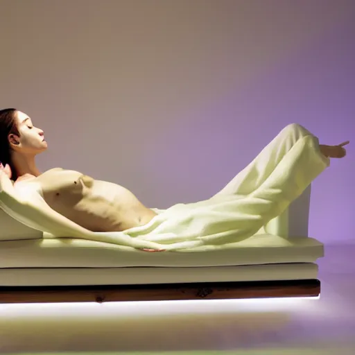 Image similar to This performance art is a beautiful example of use of color and light. The performance art depicts a woman reclining on a couch, with her head turned to the side and her eyes closed. The woman's body is bathed in a light, and her skin appears to glow. The artist has used a soft, delicate palette to create a sense of tranquility and serenity. The performance art is elegant and graceful, and the woman's face is incredibly expressive. It is a truly beautiful performance art. gray, iStock by William Zorach turbulent