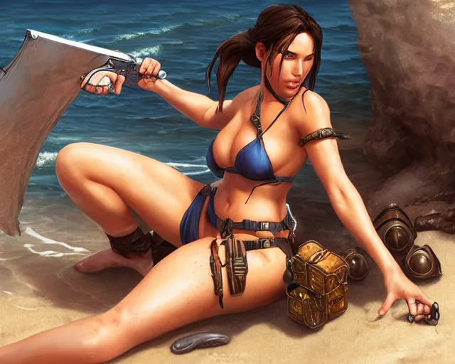Image similar to photography of lara croft in bikini at the beach, deep focus, d & d and mtg, fantasy, intricate, elegant, highly detailed, digital painting, artstation, concept art, matte, sharp focus, illustration, hearthstone, art by artgerm and greg rutkowski and alphonse mucha