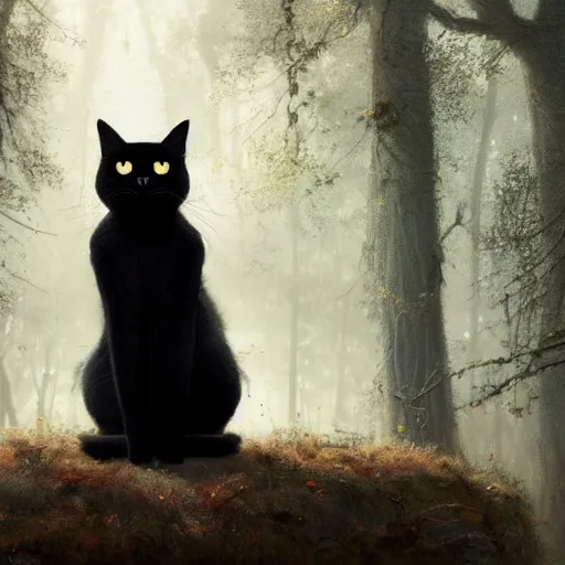 Prompt: a black cat seated and looking curiously, there is a forest in the background, texture, intricate, details, highly detailed, greg rutkowski style, masterpiece, architecture, building, trending on artstation, focus, sharp focus, concept art, digital painting, fantasy, sunny, day, golden hour