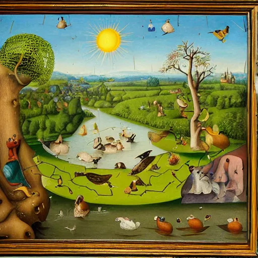 Prompt: An intricate, extremely detailed painting in a style of Hieronim Bosch featuring a river in Europe, surrounded by trees and fields. A duck is slowly moving through the water. Sun is shining.