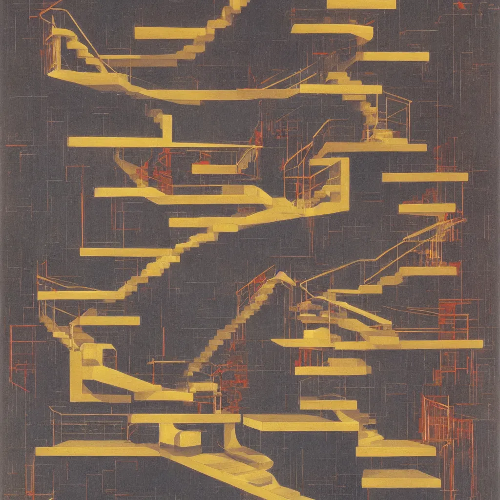 Image similar to isometric artdeco infinite stairs at night by frank lloyd wright, isometric, painted by piet mondrian