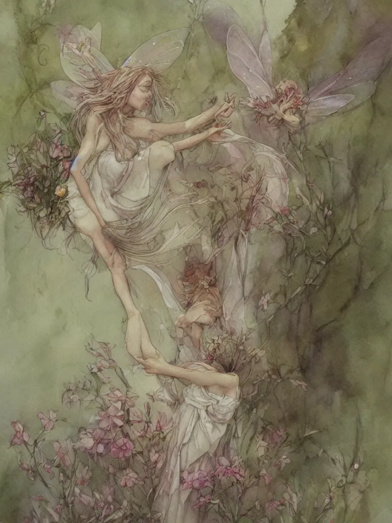 Image similar to study of a flower fairy, illustration, watercolor, alan lee, detailed, pretty, ethereal, realistic, artstation,